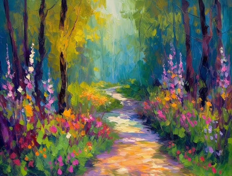 印象主义阳光明媚夏天森林小路两旁开满花朵插画,插画/手绘图,插画/手绘图库,插画/手绘图下载,插画/手绘